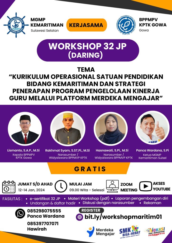 MGMP Kemaritiman Sulsel kerjasama dengan BPPMPV-KPTK Kemdikbud RI adakan Workshop Gratis 32 JP